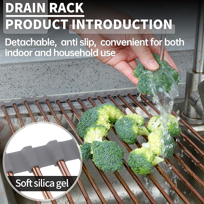 11.8" x 17" Expandable Roll Up Over The Rack Sink Cover Kitchen Dish Drying Rack,SUS304 Stainless Steel Multipurpose Collapsible Organizer Dish Drying Rack for Kitchen Sink Cover,Rose Gold