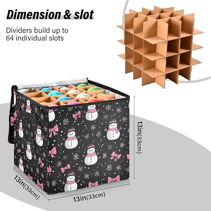 Black Christmas Ornament Storage Basket Box Winter Snowflake Xmas Holiday Storage Container Cube with Adjustable Dividers for 64 Holiday Ornaments or Decorations Keeps Clean and Dry for Next Season
