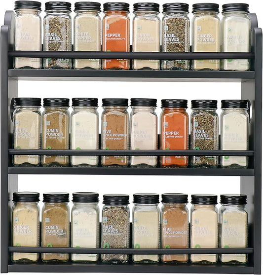 3 Tier Bamboo Spice Rack, Spice Rack Organizer, Seasoning Jars Rack Shelf Spice Organizer for Kitchen Counter or Wall Mounting, Spice Storage Holder with handles, Jars Not Included, Black
