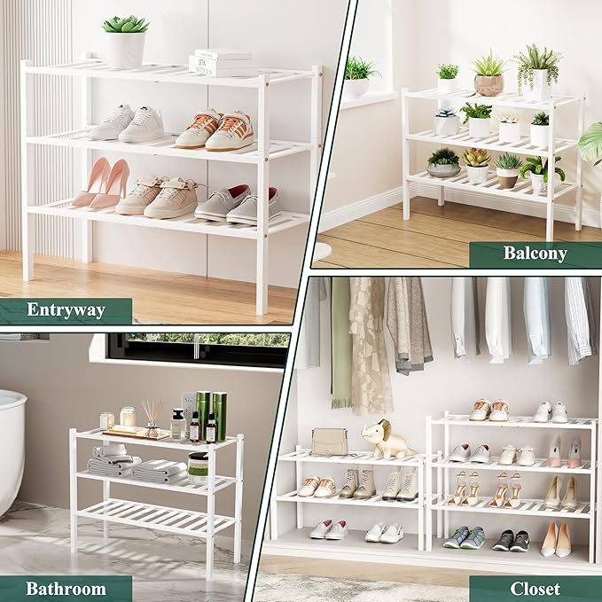 Smiry Shoe Rack, 6 Tier Small Bamboo Shoe Organizer, Stackable Free Standing Wooden Shoe Storage Shelf for Closet, Entryway, Front Door Entrance, White