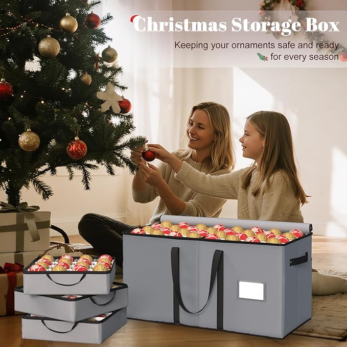 Keten Christmas Ornament Storage Boxes with 8 Individual Trays, Fits 128 Holiday Ornaments 3-Inch, Christmas Ball Accessories Container with 48 Dividers, Dual Zippered Closure, 600D Oxford (Grey)