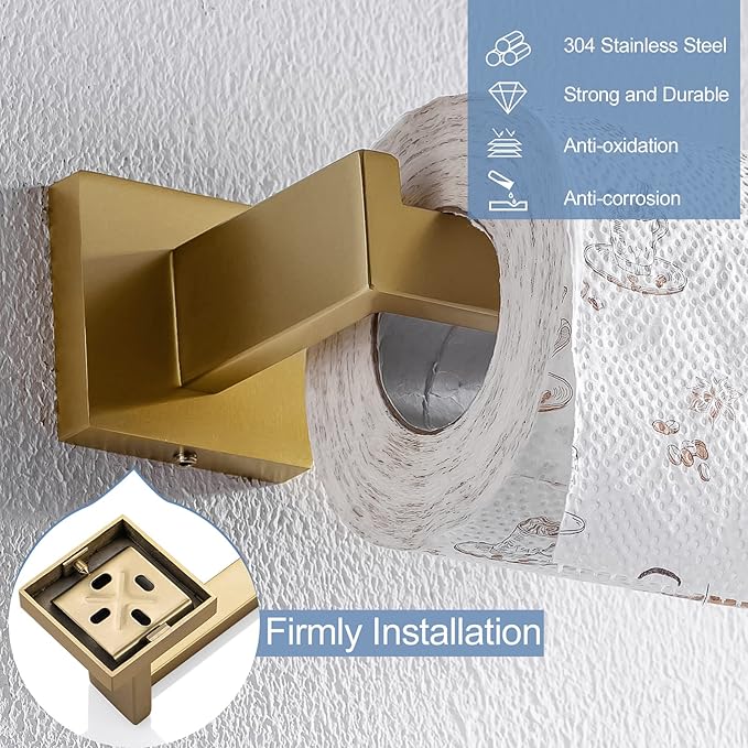 TQKAG Brushed Gold Toilet Paper Holder SUS304 Stainless Steel, Modern Square Tissue Roll Holders Wall Mount, Toilet Paper Roll Dispenser for Kitchen Washroom