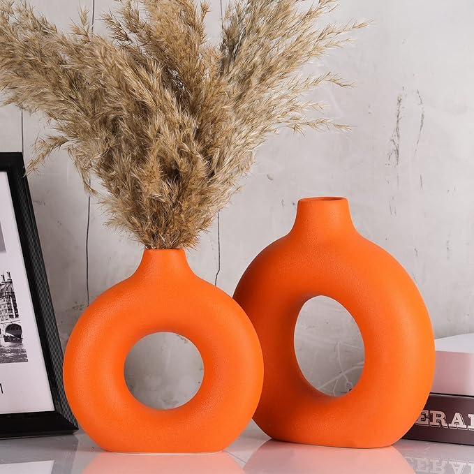 Orange Ceramics Vase for Home Decor,Minimalist Nordic Hollow Donut Vase Set of 2,Modern Boho Decor for Kitchen Table Centerpiece,Living Room,Fire Place,Bookshelf,Office,Entryway,Console