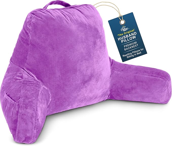 Husband Pillow Light Purple, Original Reading Pillow in Bed Rest Chair, Shredded Memory Foam Large Lounge Cushion Adult Backrest with Arms, Comfy Back Support for Sit Sitting Up, Wash/Removable Cover