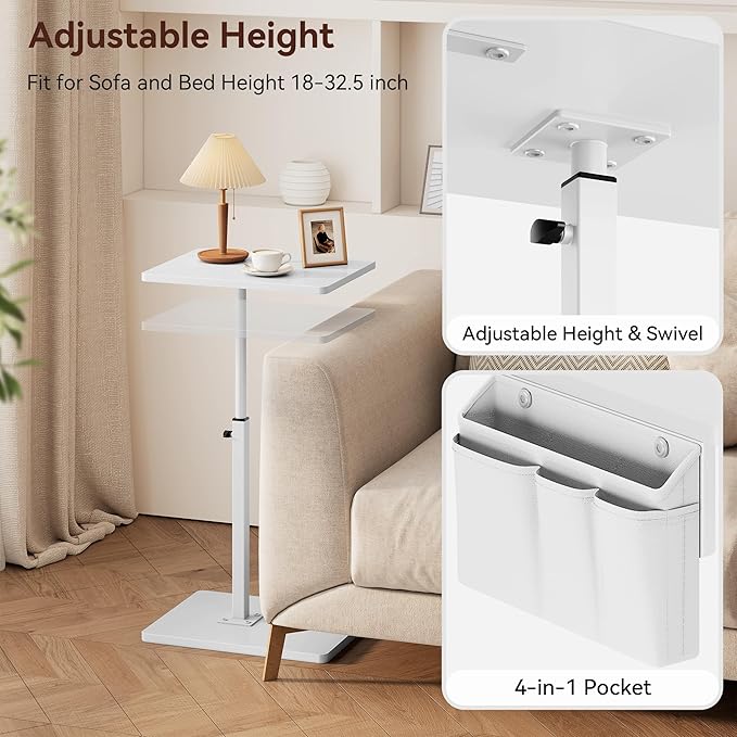 Vagusicc Sofa Armrest Tray Table for Couch, 360° Swivel Height Adjustable TV Tray Table for Small Spaces, Snack Side Table for Couch, Bed, Chair, C Shaped End Side Table for Eating, Reading, Laptop