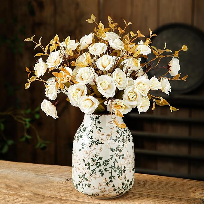 for Mom from Daughter or Son, Green & Beige Vintage Chinoiserie Ceramic Vase 7.8”, Floral Rustic Decorative Vase for Living Room, Bookshelf, Office, Grandmillennial & Tuscan Decor