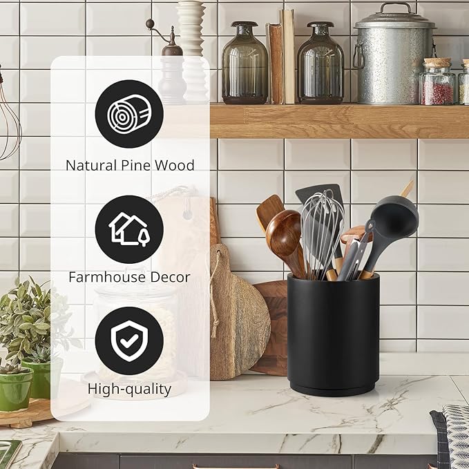 Bivvclaz Wooden Utensil Holder, 360°Rotating 7.2" Utensil Holder for Kitchen Counter, Large Kitchen Utensil Holder, Cooking Utensil Crock for Countertop, Black Kitchen Decor and Accessories