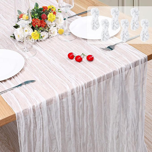 6 Pack Cheesecloth Table Runner 10Ft Christmas Gauze Boho Table Runners for Wedding Decor Bridal Shower Decorations Baby Shower Party(35" x 120")