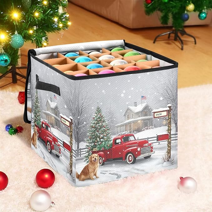 Red Truck Christmas Ornament Storage Basket Box Red Buffalo Plaid Winter Holiday Storage Container Cube with Adjustable Dividers for 64 Holiday Ornaments or Decorations Keeps Clean and Dry