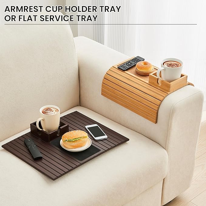 LOVYANXUE Bamboo Couch Cup Holder, Foldable Sofa Arm Tray, Anti-Slip Couch Aremrest Tray Table for Drink, Cup, Remote, Snacks, Cellphone, Portable, Bamboo/Cork Color