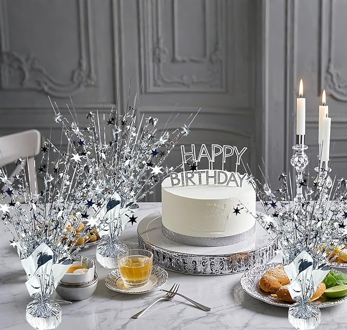 FUBININA 6 Pack Metallic Foil Spray Centerpiece Star Table Decoration Burst Glitter Tabletop Centerpieces for Birthday Christmas New Years Nye Wedding Graduation Holiday Party Supplies Decor, Silver