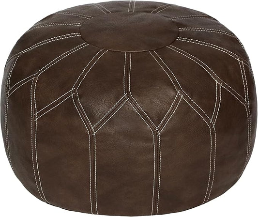 Thgonwid Unstuffed Moroccan Faux Leather Pouf Ottoman with Storage - Handmade Boho Chic Multi-Use Footrest for Living Room, Bedroom, Patio - Round Ethnic Floor Cushion & Decorative Accent, Deep Coffee