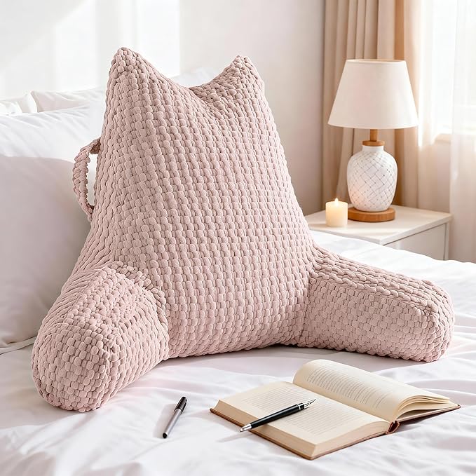 Reading Pillow for Bed Sitting Up, Backrest Pillow with Shredded Memory Foam Filling, Back Support Cushion, Bed Rest Pillow with Arms, Pockets and Washable Cover-Pink