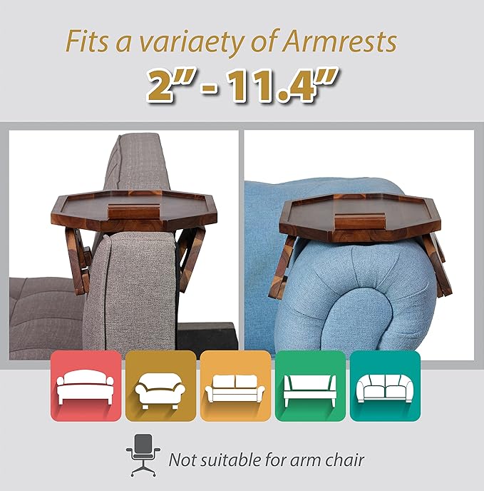 BLUEWEST Sofa Armrest Tray, Acacia Wood Couch Arm Clip on Tray Table with 360° Rotating Phone Holder –Fits Most Couch Arm Sizes–Non-Slip, Space-Saving Arm Table for TV Dinners, Remote, Drinks & Snacks