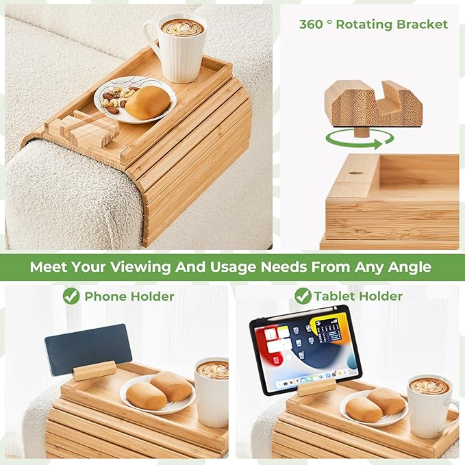 LOVYANXUE Bamboo Sofa Arm Tray, Anti Falling Couch Arm Tray Armrest Table with 360° Rotating Phone Holder, Foldable and Portable Sofa Armrest Trays Cup Holder for Drink,Cups, Phone, Snacks, Remote