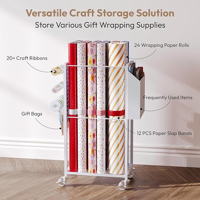 Gift Wrapping Station with 12PCS Slap Bands, Rolling Wrapping Paper Cart Station Organizer Gift Wrap Storage, Ribbon Holder Rack, Craft Organizers and Storage Christmas