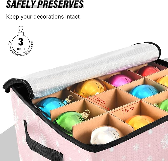 Pink Christmas Tree Ornament Storage Basket Box Winter Snowflake Xmas Holiday Storage Container Cube with Adjustable Dividers for 64 Holiday Ornaments or Decorations Keep Clean and Dry for Next Season
