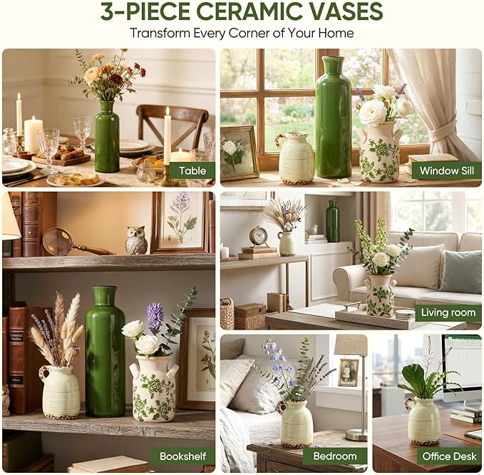 Ceramic Vases Set of 3,Farmhouse Vintage Rustic Boho Decorative Vases with Handles,Green & Beige Modern Neutral Pottery Vases for Table Centerpiece,Living Room,Mantel,Kitchen,Shelf,Entryway&Home Decor