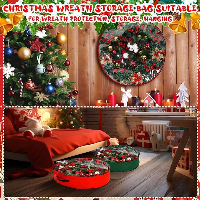 Aliceset 4 Pack Wreath Storage Containers, Ornament Garland Wreath Storage Bags with Handle Zipper Decorative Storages Box for Winter Valentine Wreaths(30 x 30 x 7.8 Inch,Red, Green)