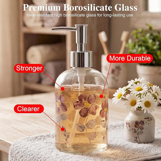 17oz Glass Soap Dispenser with Plastic Pump for Kitchen and Bathroom, Refillable Liquid Clear Bottle for Dish Soap & Hand Soap(Flower)