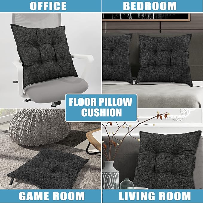 SINSOSSO Large Floor Pillow 22", Thickened Bite-Size Memory Foam Square Non-Slip Cushion for Office Back Support/Indoor Yoga/Chair Seat, Fashionable Color-Blocked Fabric & Washable, Black, 1 PCS