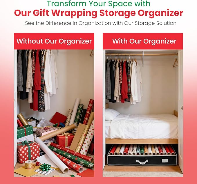 Handy Laundry Gift Wrap Storage Organizer, Easily organize Wrapping Paper, Ribbons, Bows, Scissors, Fits 18-24 Standard Rolls, Keeps Gift Supplies in Perfect Condition & Ready for Next Season, (Black)
