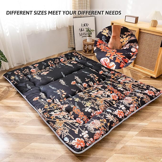 MAXYOYO Black Floral Japanese Futon Floor Mattress, Mattress Topper Portable Thick Sleeping Pad Floor Mat Roll Up Camping Mattress Folding Couch Mattress Pad for Guest Room King