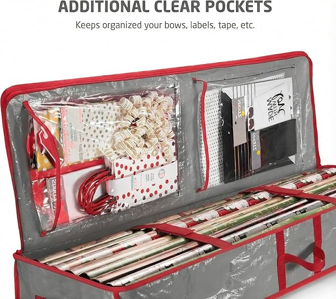 ZOBER Gift Wrapping Paper Organizer Storage - 40" Gift Wrap Storage Containers With Interior Pockets For Bows, Tags & Ribbons - Wrapping Paper Holder, Waterproof, Fits 24 Standard Rolls (Gray)
