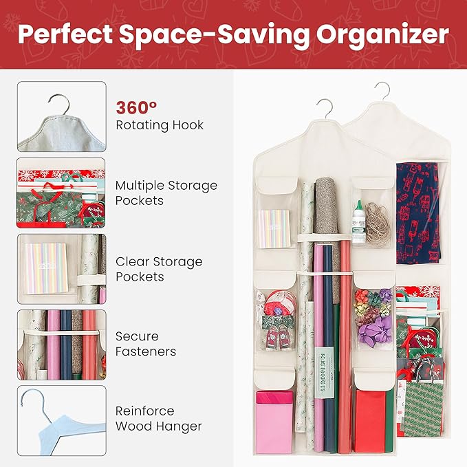 Wrapping Paper Organizer Storage – Double-Sided Hanging Gift Wrap Holder with Wooden Hanger – Over the Door or Closet Storage for Gift Bags with Pockets – For Christmas, Birthdays & Special Occasions.