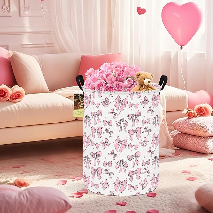 HUNRUNG Collapsible Fabric Storage Basket, Waterproof Laundry Hamper with Handles, Round Storage Bin for Clothes Toys, Foldable Organizer for Bedroom Nursery Bathroom(Round-Pink Bow)