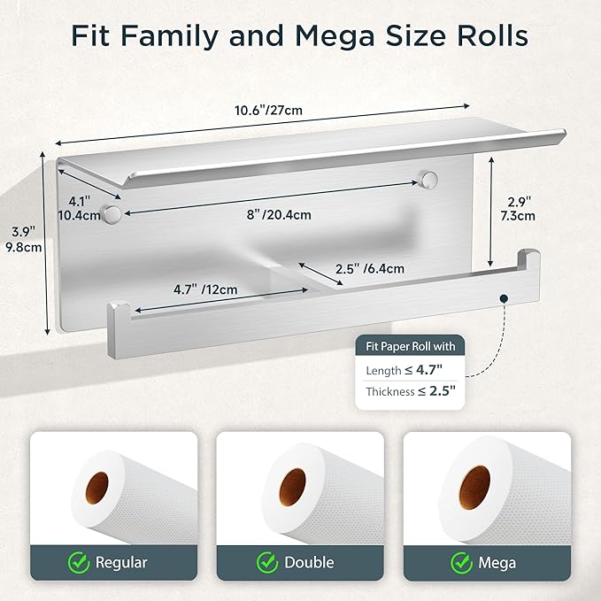 FORIOUS Double Toilet Paper Holder with Shelf, 304 Stainless Steel Wall Mount Commercial Toilet Paper Dispenser, Low Maintenance Bathroom Tissue Roll Holder for Hotel, Apartments, etc, Brushed Nickel