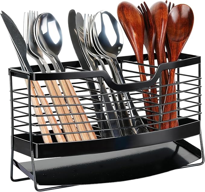 Utensil Holder for Kitchen Counter, Stainless Steel Utensil Drying Holder with Automatic Drain Tray, 3 Compartments Utensil Caddy for Silverware Spoon Cutlery
