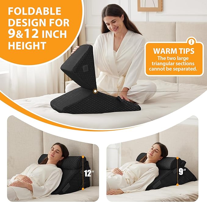 Ruqmuis 3PCS Wedge Pillow Set for After Surgery, Adjustable 9&12 Inch Bed Wedge Pillow for Sleeping, Incline Pillow Wedge for Headboard, Post Surgery, Acid Reflux, Neck&Back Support, Plush Black
