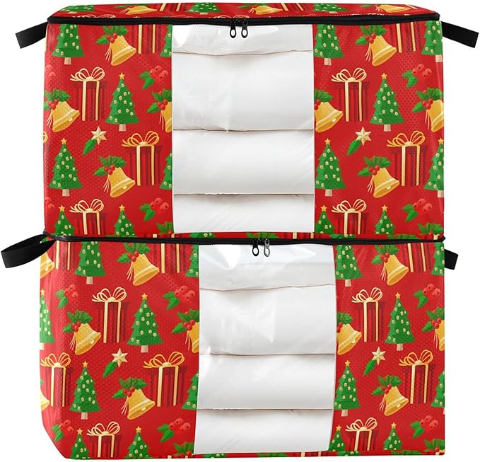 Burbuja Christmas Tree Clothes Storage Bag with Lids and Handle, 2 Pack Foldable Blanket Storage Container with Sturdy Zipper & Clear Window for Bedroom Closet, 60L