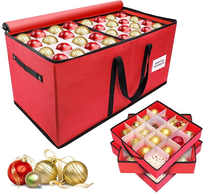 Christmas Ornament Storage Box, Ornament Storage Container with 8 Trays, Xmas Decoration Organizer Holds Up to 128 Decoration Balls, Durable 600D Oxford Material（Red）