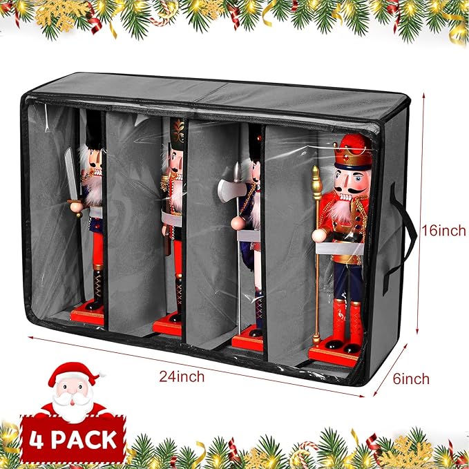 Preboun 4 Pack Clear Top Christmas Nutcracker Storage Box Christmas Figurine Storage Box Containers Ornament Storage Box Storage Container Each Holds 4 Figurines up to 16 Inches (Gray)