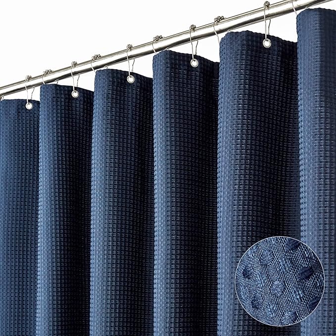 Dynamene Extra Long Shower Curtain,84 Inch Long Waffle Weave Weighted Thick Cloth Bathroom Shower Curtain, Neutral Heavy Duty Hotel Bath Curtain Set with 12 Plastic Hooks,72x84,Navy Blue