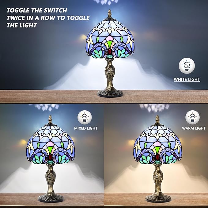 MIAOKE Stained Glass Table Lamp,Stained Glass Crystal Bead Style Table Light,Handmade Desk Bedside Night Light,Antique Art Craft Gifts Lover Living Room Bedroom Bookcase (Blue Baroque)