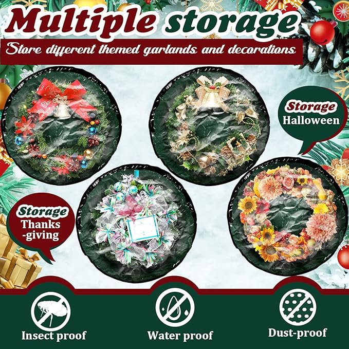 Dunzy 8 Pieces Wreath Container Christmas Wreath Storage Bag Garland Tear Resistant Fabric Round Boxes with Clear Window for Storage for Xmas Holiday Ornament(30×30×7.8 Inch,Green)