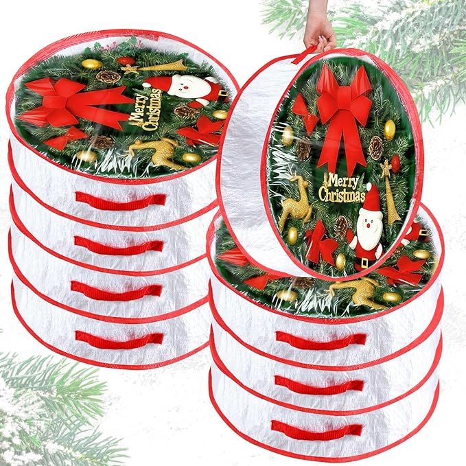 Dunzy 8 Pieces Wreath Container Christmas Wreath Storage Bag Garland Tear Resistant Fabric Round Boxes with Clear Window for Storage for Xmas Holiday Ornament(30×30×7.8 Inch,White)