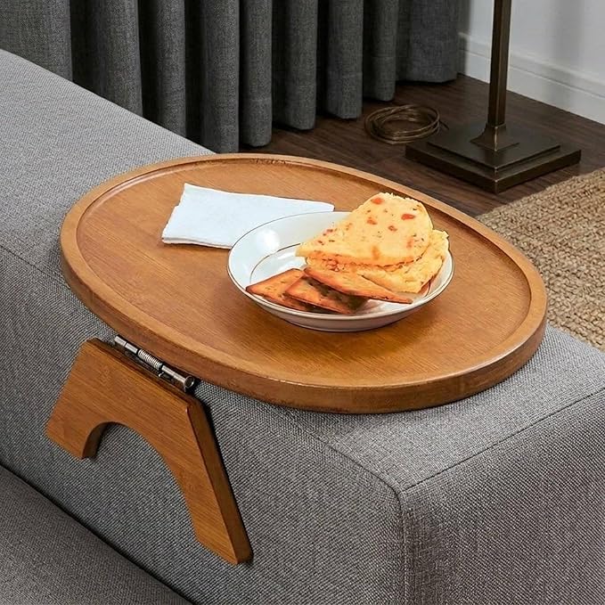 DETOR Clip-On Couch Armrest Table, 13.4" x 10" Oval Shape, Caramel Bamboo Finish, Stainless Steel Hinges, Odor-Free Non-Slip Pads, Fits 6"–10" Armrests