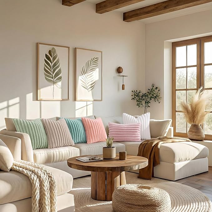 decorUhome Summer Cozy Faux Fur Throw Pillow Covers 20x20 Set of 2 Decorative Plush Striped Modern Farmhouse Boho Couch Pillow Cases with Velvet Back for Sofa Bed Living Room, Blush Pink