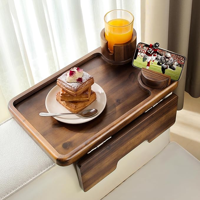 HOLANA Acacia Wood Couch Arm Tray, 15.74”x9.8” Arm Table for Couch - Couch Cup Holder Tray with Rotated Phone Holder, Cup Holder - Clip on Sofa Armchair Caddy with Non-Slip Pad (Walnut Color)