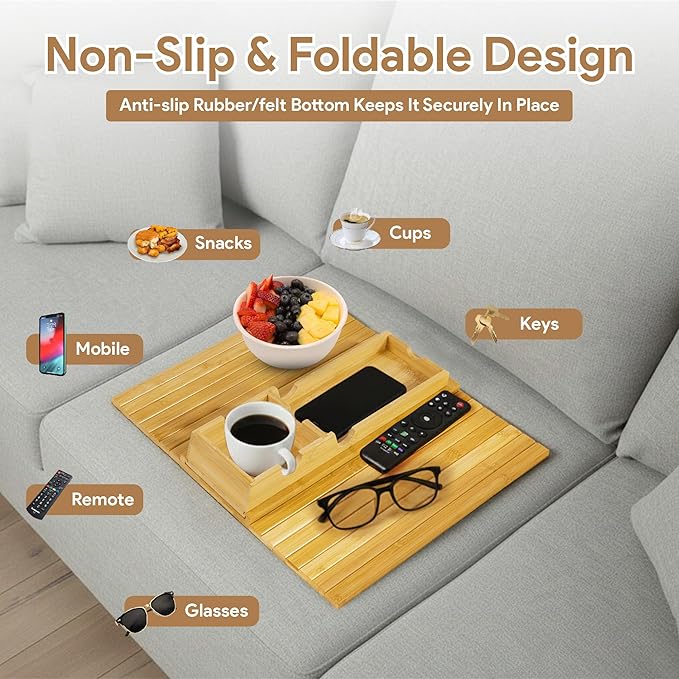 Bamboo Couch Cup Holder Tray, Sofa Arm Tray, Lab Tray with Detachable Design | Anti-Slip Foldable Sofa Armrest Table for Snacks, Drinks, Donuts, Phone & Remote | Anti-Falling Couch Organizer