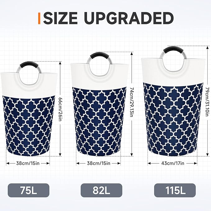 Fabspace Large Laundry Basket Laundry Hamper Bag Washing Bin Clothes Bag Collapsible Tall With Handles Waterproof Travel Bathroom College Essentials Storage For College Dorm, Family (Blue)75L