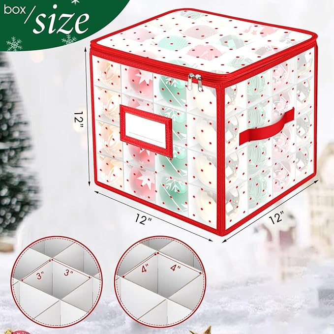 BlessedSeason Christmas Ornament Storage Box With Adjustable Dividers, Store up to 64 of 3-inch or 36 4-inch Christmas Ornaments, Xmas Ornaments Storage with Zippered Closure & Two Handles, 2 Pcs
