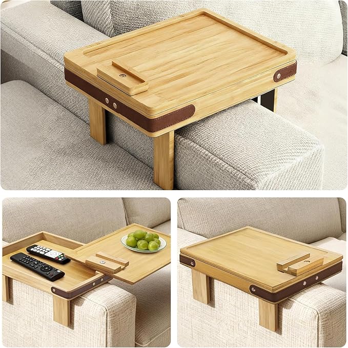 Couch Armrest Tray with Bamboo - Adjustable Sofa Arm Table with 360° Rotating Phone Holder and Hidden Storage Compartment for Snacks, Drinks, Remote, Fits Sofa Width of Armrest 5.5" - 9.8" (Natural)