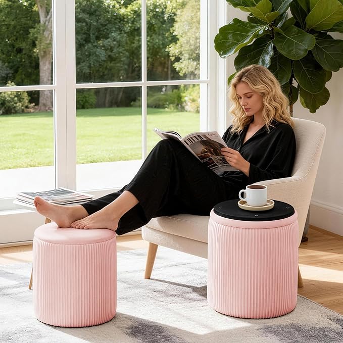 Set of 2 Round Storage Ottomans, Velvet Footstool Pouf with Lid - Multi-Use Vanity Stool for Bedroom or Coffee Table/Footrest for Living Room（Pink）