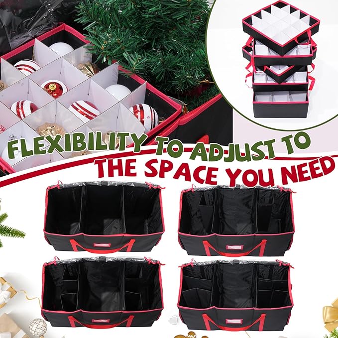 2-in-1 Christmas Ornament Storage Box & Xmas Figurine Container with Dual Zipper Closure Adjustable Dividers and Removable Trays Premium Christmas Ornament Storage Containerd(Black)