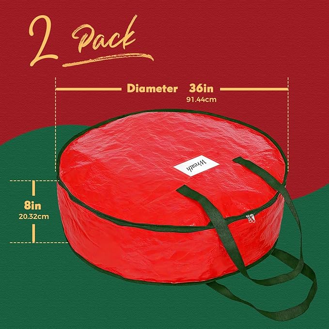 DeckTheHalls Christmas Wreath Storage Container, 2-PACK Waterproof Christmas Storage with Secure Zipper, Reinforced Carry Handles, Year-Round Protection for Christmas Garland & Holiday Decor (36 Inch)